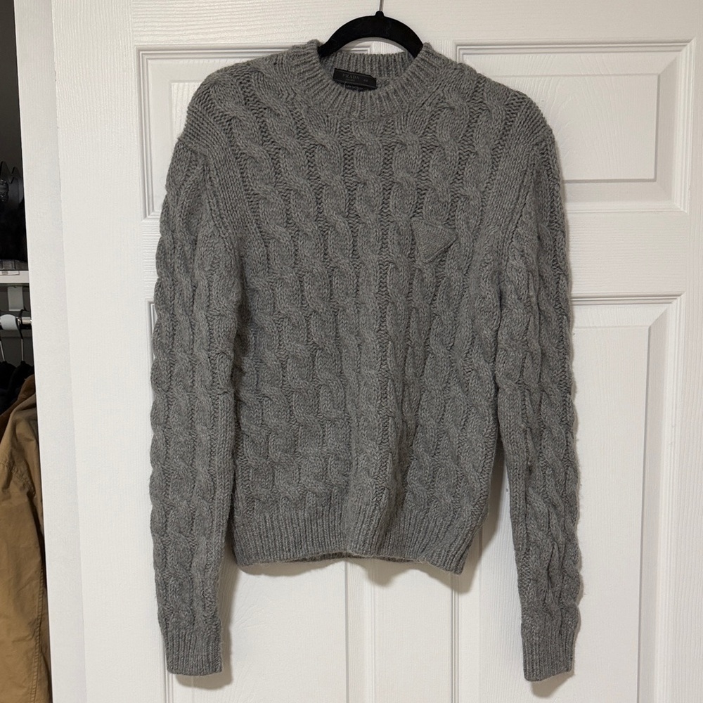 Prada Men's Gray Cable Knit Crewneck Sweater